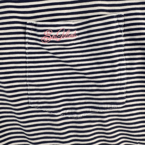 B. Draddy Men's Large Pima Cotton Striped Polo Shirt Navy White Pink Script