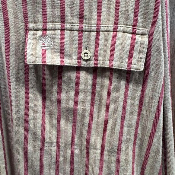 Vintage Timberland Striped Button Down Shirt XL Beige Red 100% Cotton Made in HK