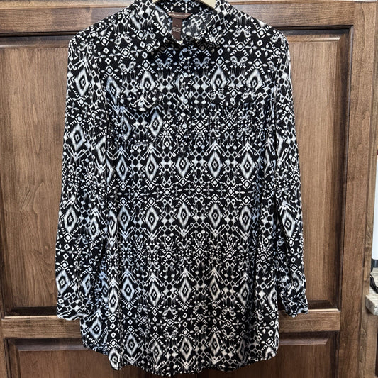 Bit & Bridle Black White Aztec Print Blouse Women’s Medium Long Sleeve 
