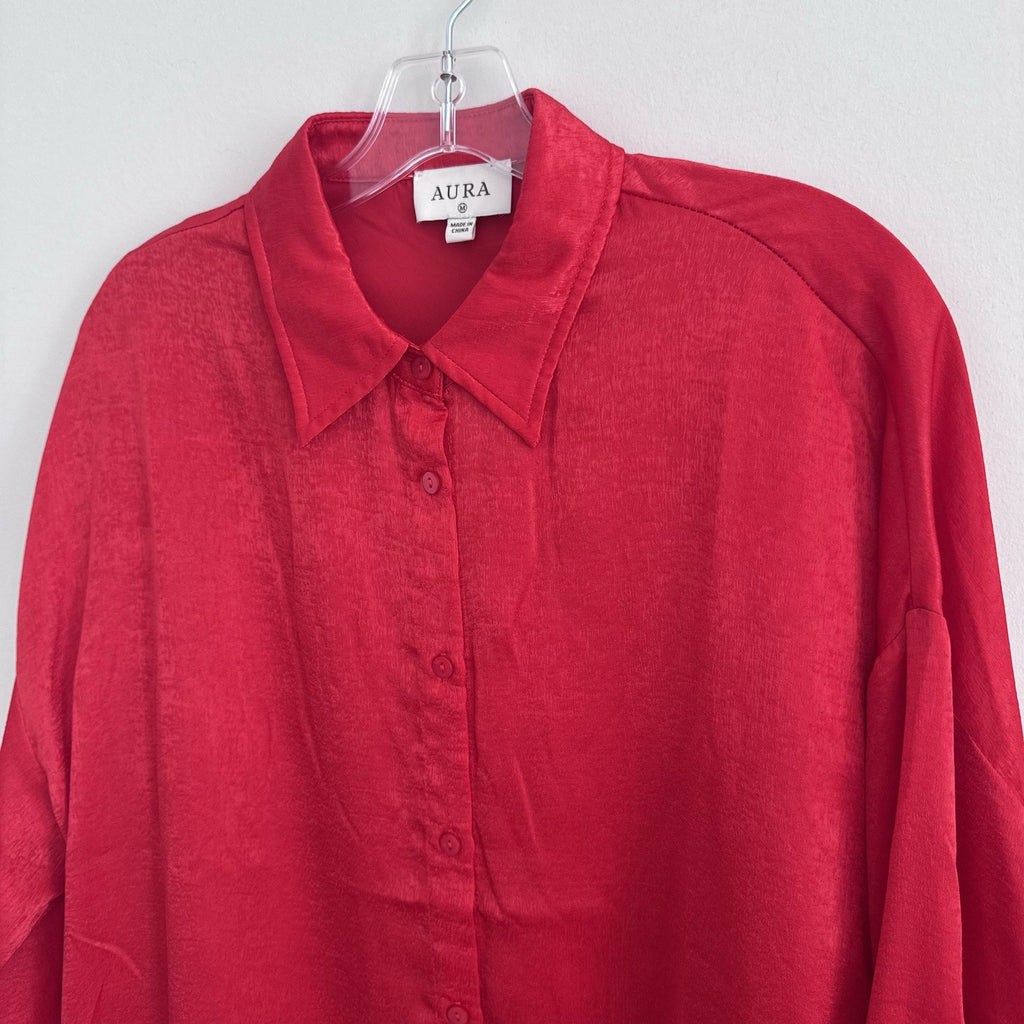 AURA Red Dress Boutique Blouse M Sheer Button Front Collared