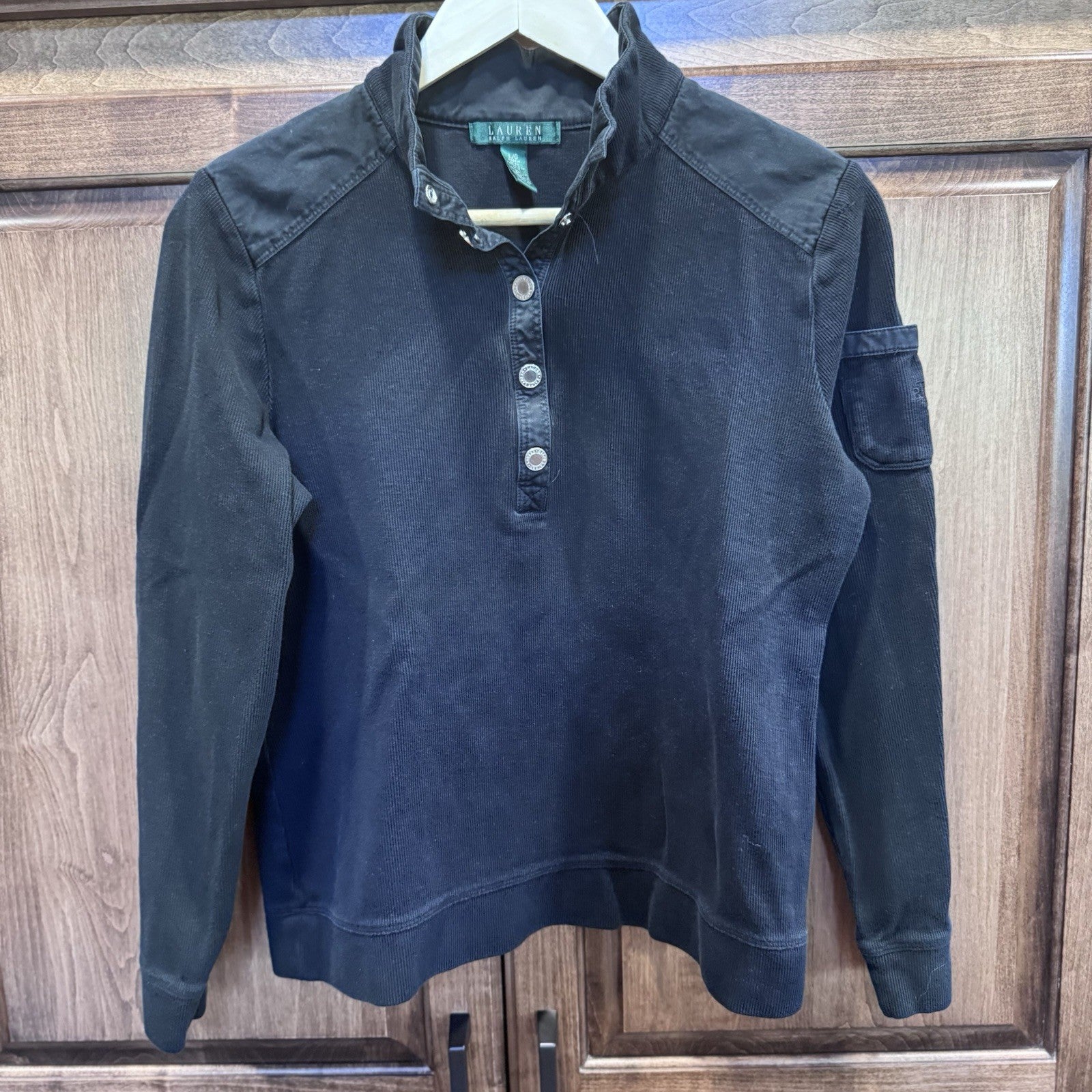 Lauren Ralph Lauren Black Waffle Knit Snap Button Pullover Top Size L