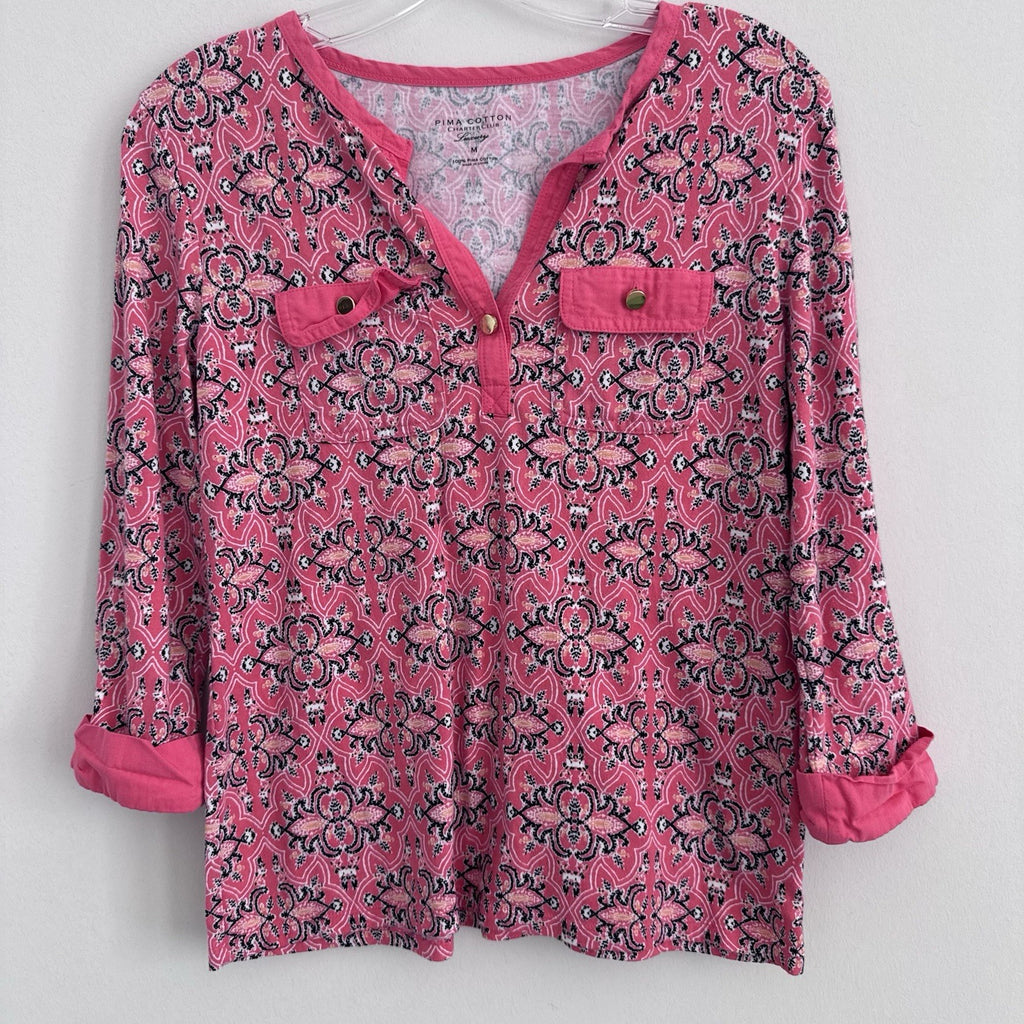 Charter Club Pima Cotton Pink Paisley Blouse M Roll Tab Sleeve