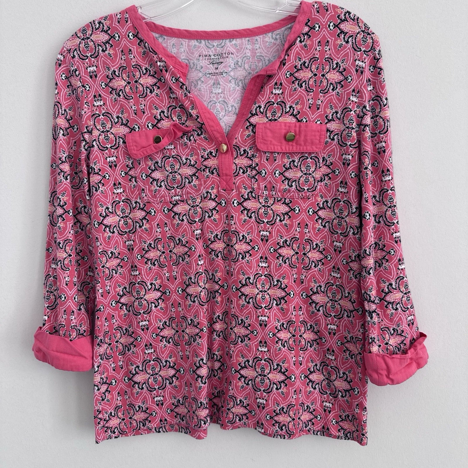 Charter Club Pima Cotton Pink Paisley Blouse M Roll Tab Sleeve