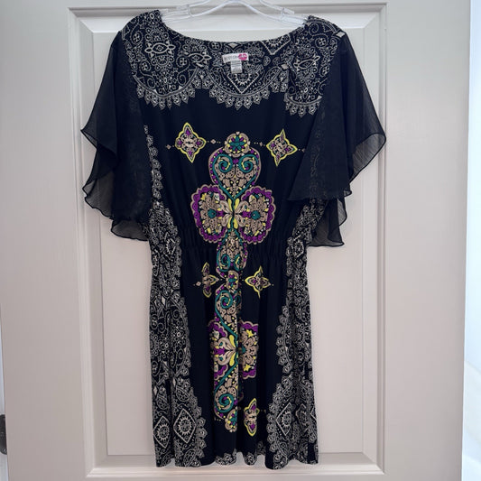 Vintage Body Central Dress L Boho Black Multicolor Print Y2K Flutter Sleeve VTG