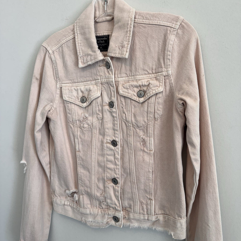 Abercrombie & Fitch Womens XS Distressed Pink Denim Jacket Raw Hem Frayed