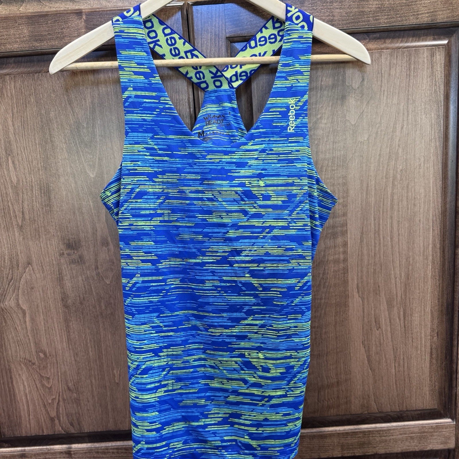 Reebok Women’s Workout Ready Racerback Tank Top M Blue Green Camo Print Athletic