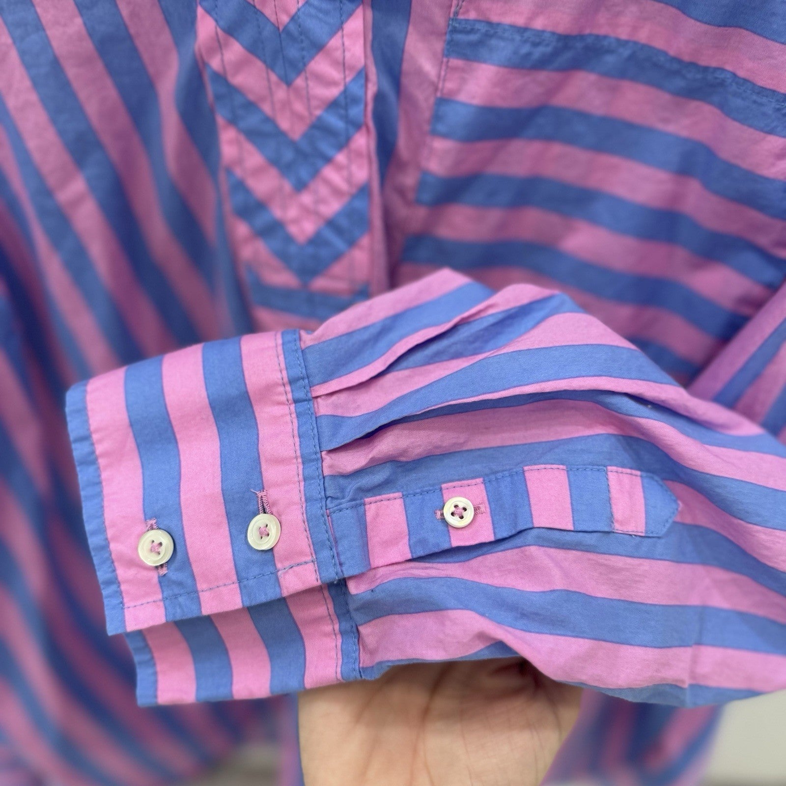 Talbots Plus Womens Striped Popover Blouse 1X Pink Blue Cotton Top