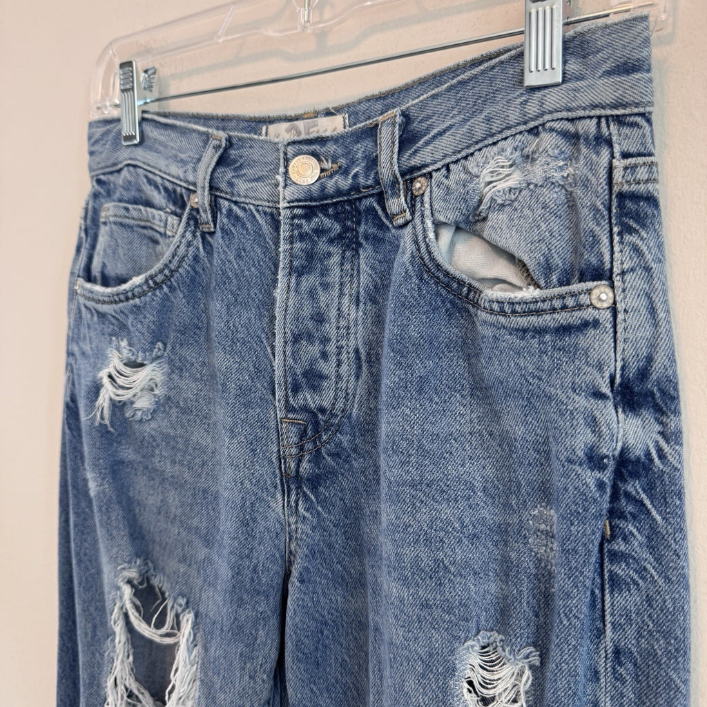 Free People Distressed Mom Jeans Womens 25 Blue Denim High Rise Button Fly Y2K