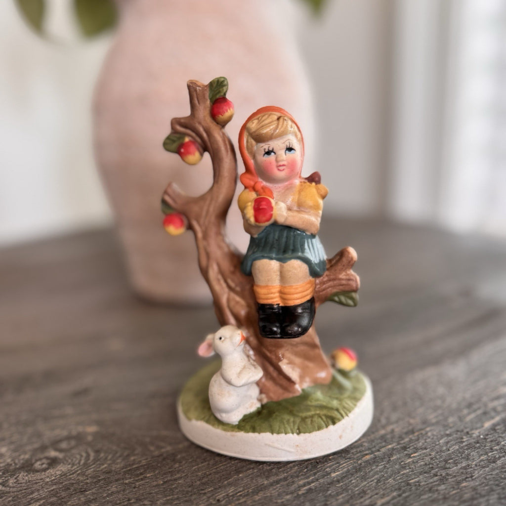Vintage Ceramic Girl in Apple Tree Figurine with White Rabbit Hand Painted '95