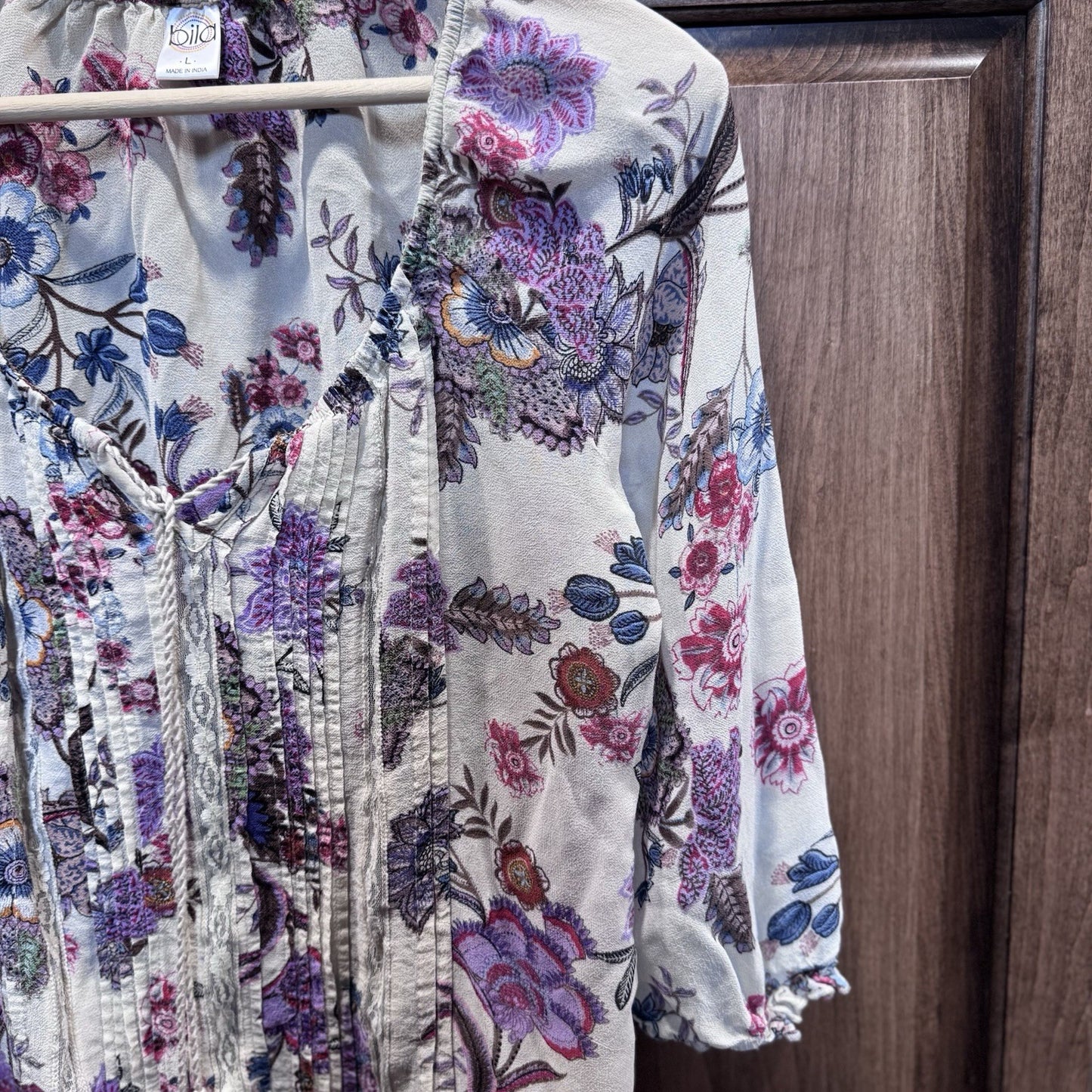 Billabong Boho Floral Peasant Blouse Women’s Large Cream Multicolor 3/4 Sleeve 