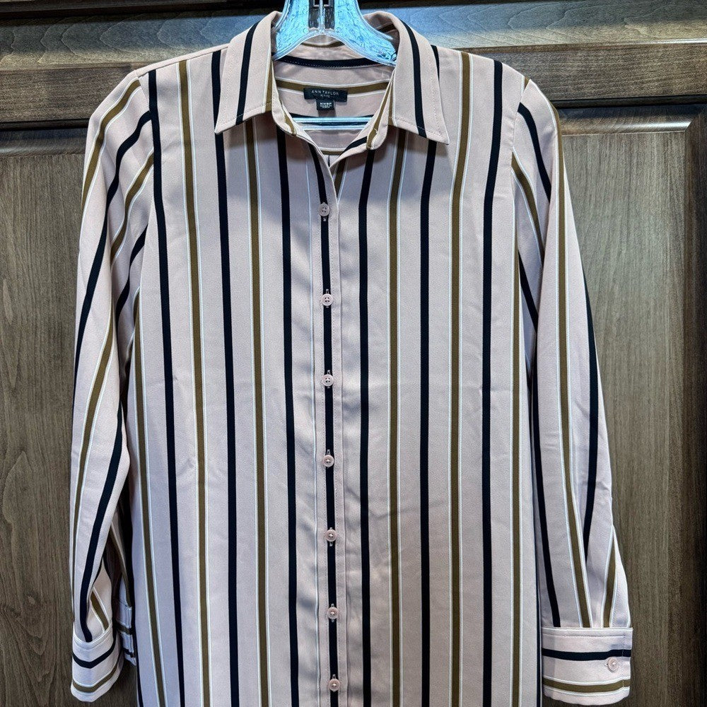 Ann Taylor Petite Striped Button-Down Shirt Dress XXSP | Long Sleeve