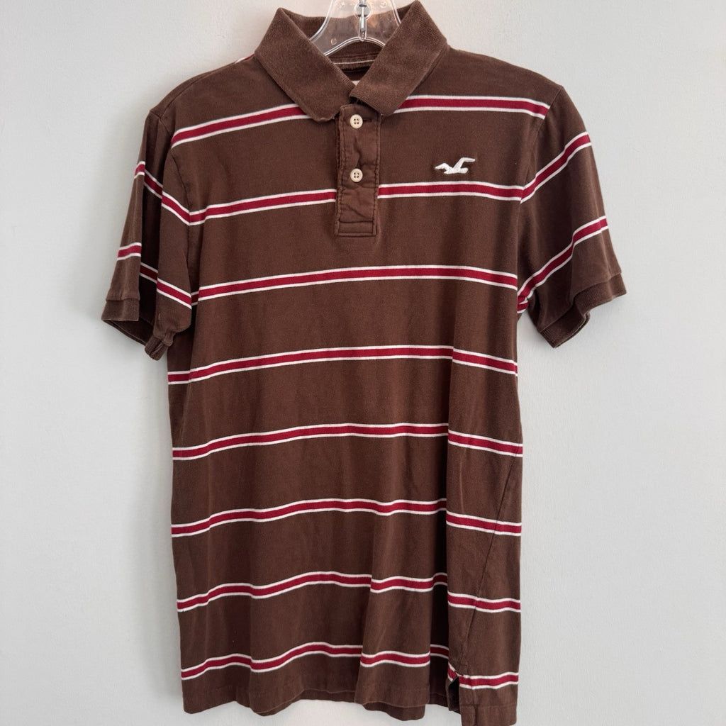 Y2K Hollister Polo Shirt Brown Red Stripe Logo Cotton Preppy Mens Small 