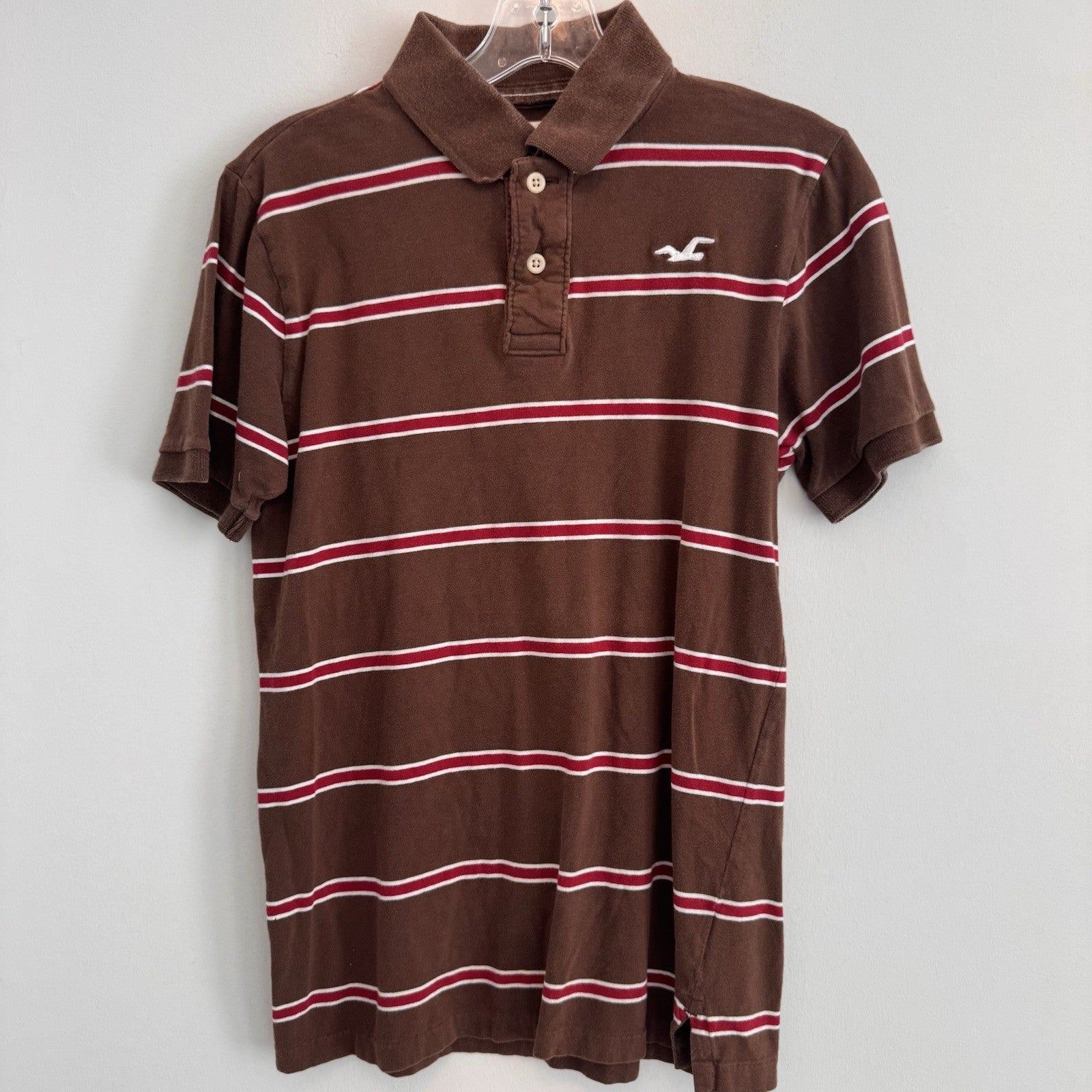 Y2K Hollister Polo Shirt Brown Red Stripe Logo Cotton Preppy Mens Small 