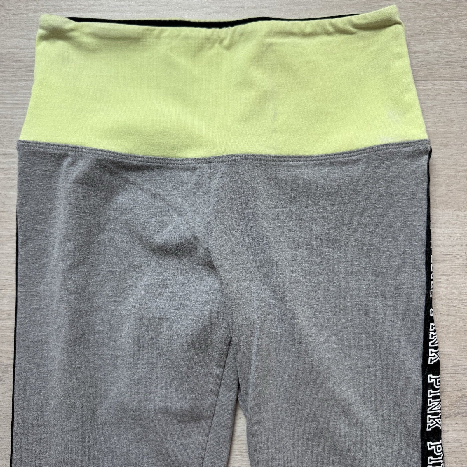 PINK Victoria’s Secret Yoga Leggings Gray Neon Green Logo Stripe Women S