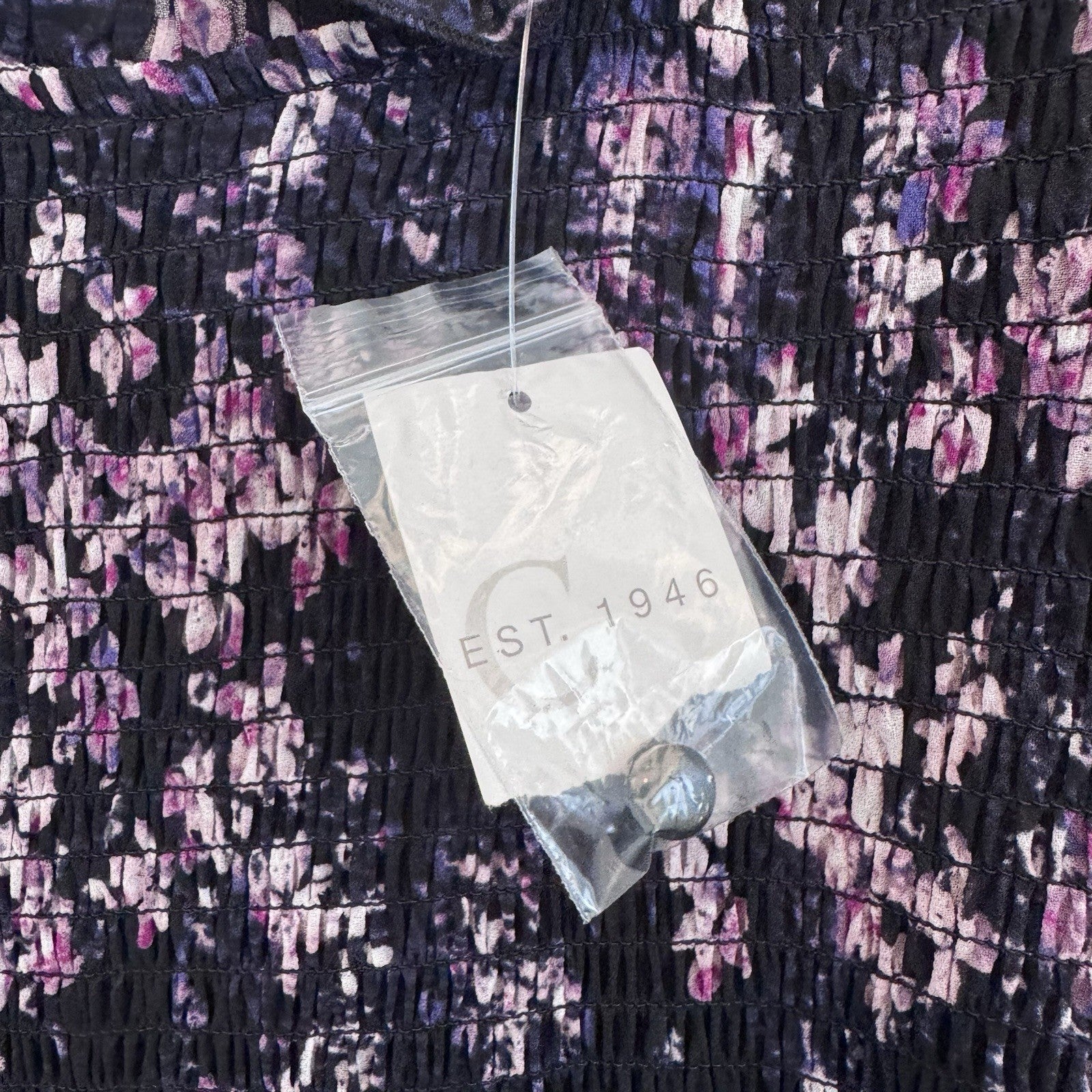 EST. 1946 Women’s Floral Smocked Ruffle Dress Black Purple Size S Lined CATOS