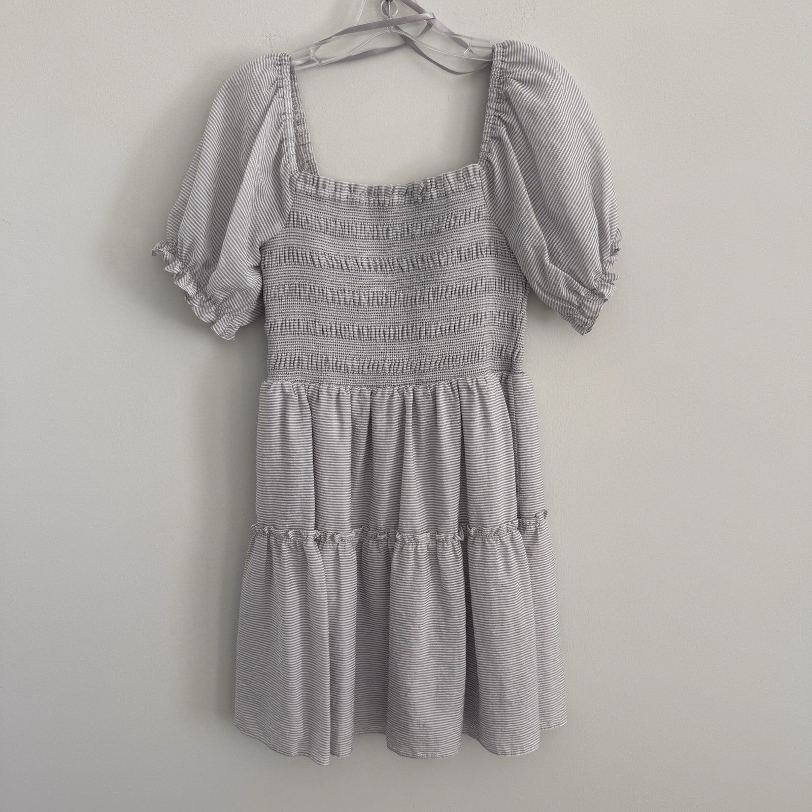 She + Sky Striped Smocked Mini Dress Women's Size M Puff Sleeve Tiered Boho