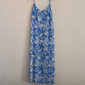 Pink Lily Blue Tropical Monstera Palm Print Maxi Dress Large L Side Slit Summer