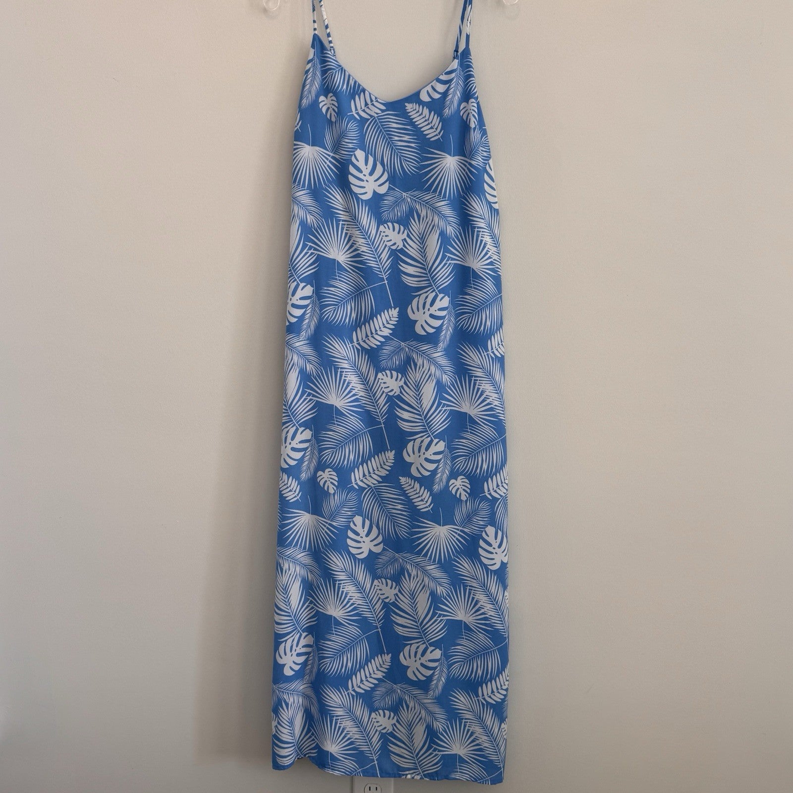 Pink Lily Blue Tropical Monstera Palm Print Maxi Dress Large L Side Slit Summer