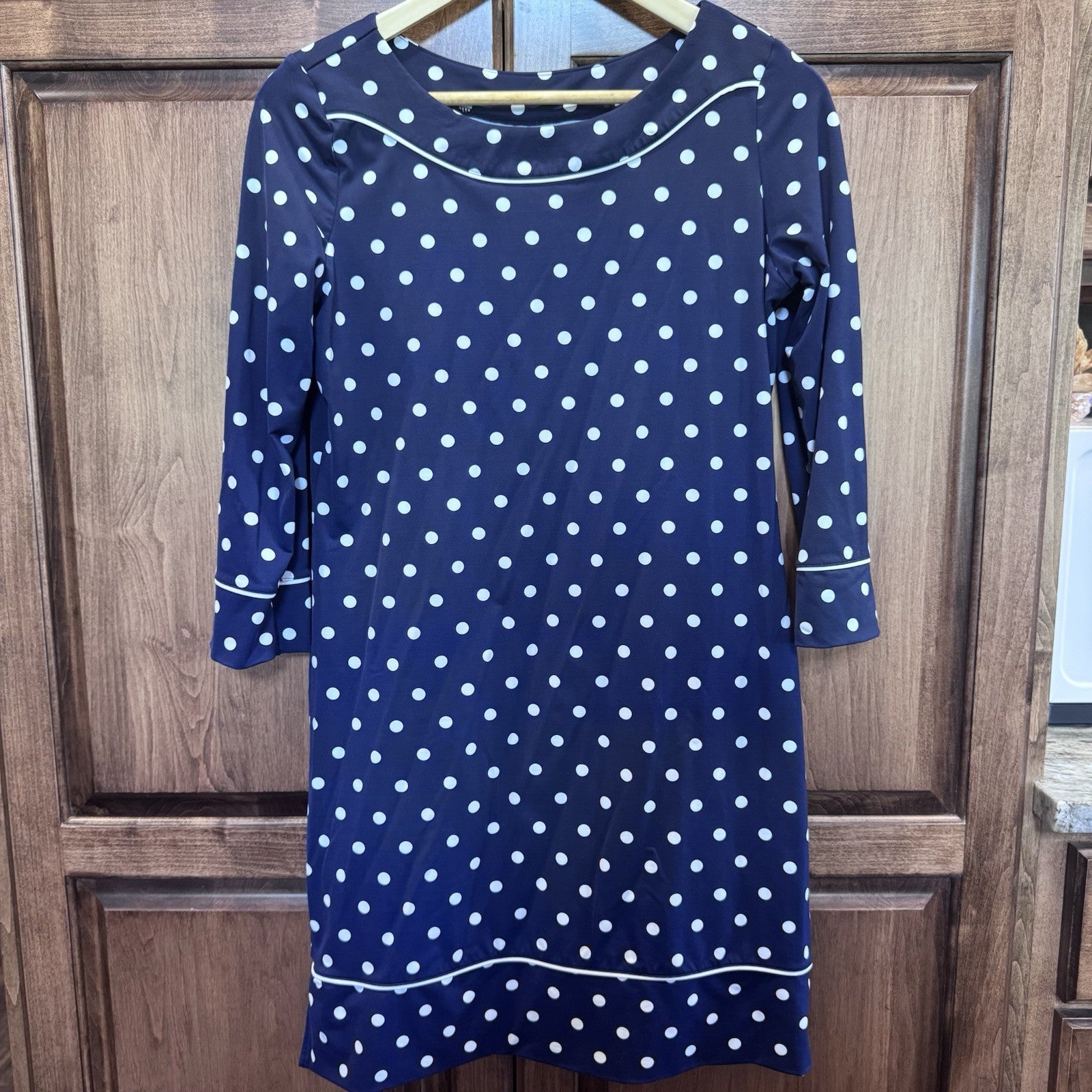 Lands End Dress Womens Small Blue Polka Dot 3/4 Sleeve Stretch Knee Length-1478*