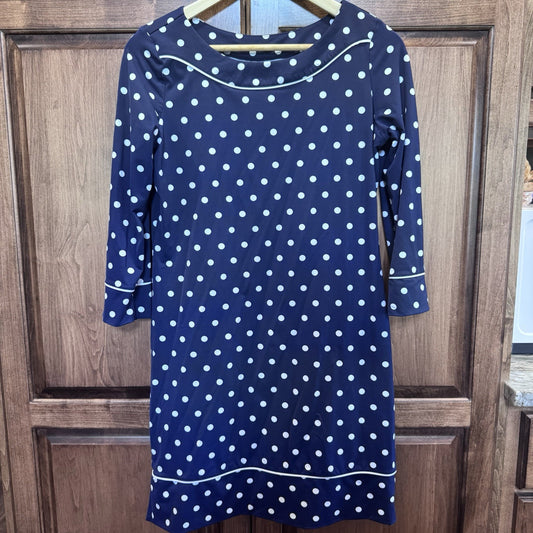 Lands End Dress Womens Small Blue Polka Dot 3/4 Sleeve Stretch Knee Length-1478*