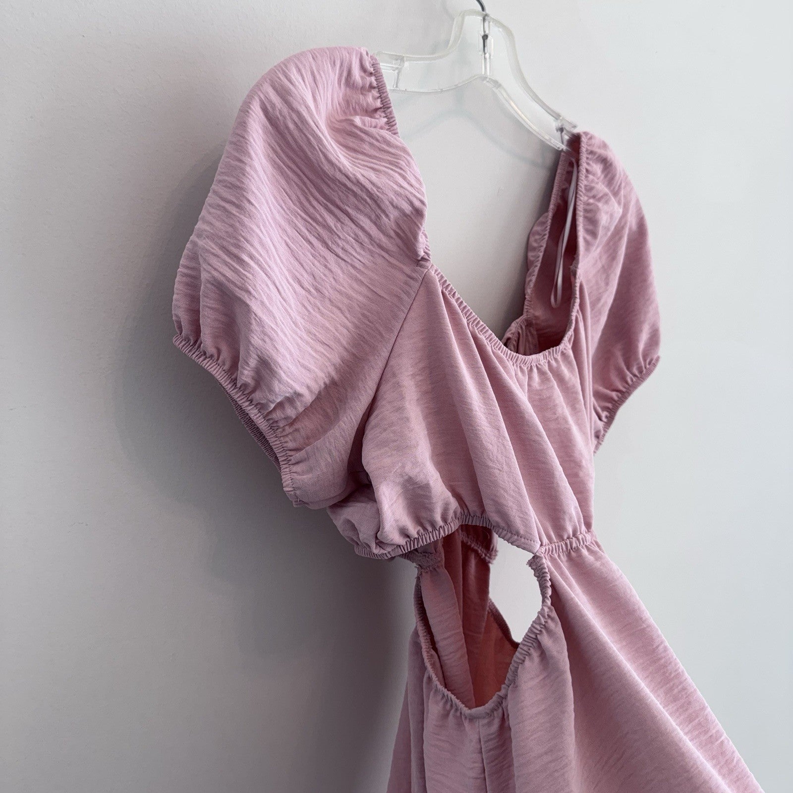 Love Tree Pink Cut Out Midi Dress Puff Sleeve Tie Waist Size L
