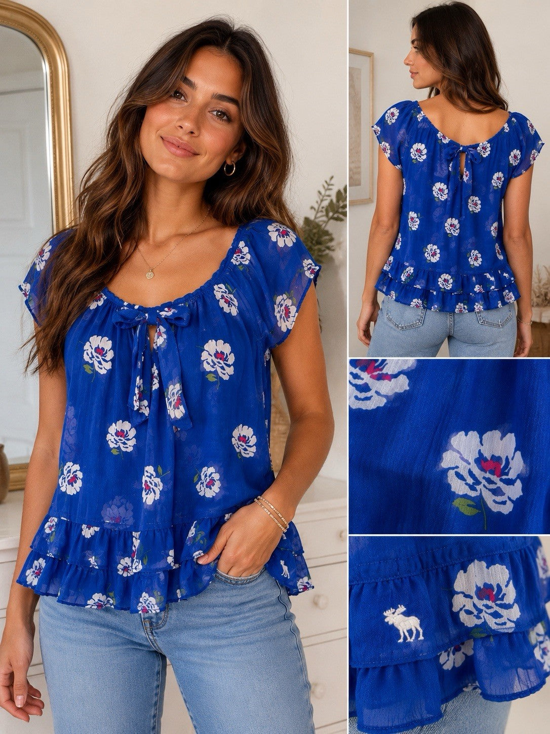 Abercrombie & Fitch Blue Floral Sheer Ruffle Blouse Top Medium Boho