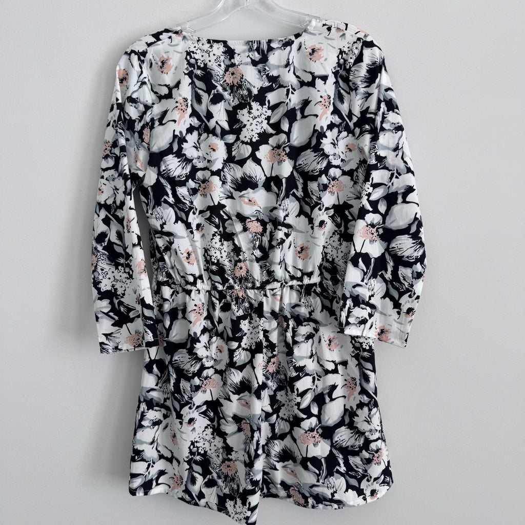 Boohoo Floral Wrap Romper US 8 Black White Pink Long Sleeve NWOT