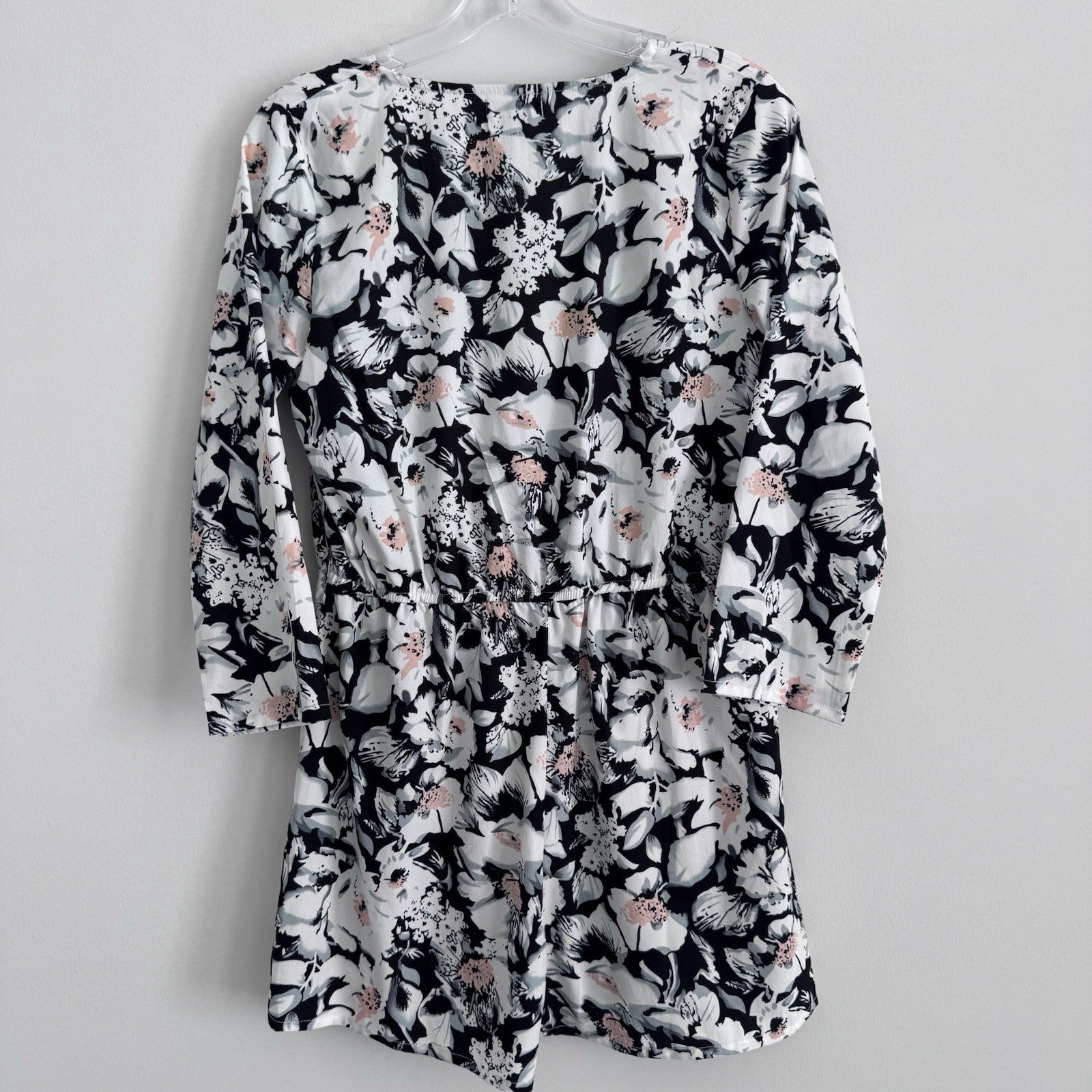 Boohoo Floral Wrap Romper US 8 Black White Pink Long Sleeve NWOT