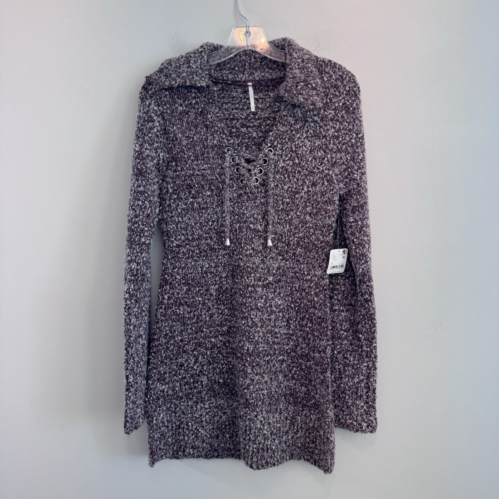 NWT Free People Sweater Dress Large Boucle Lace Up Tunic Boho Cozy Purple Women