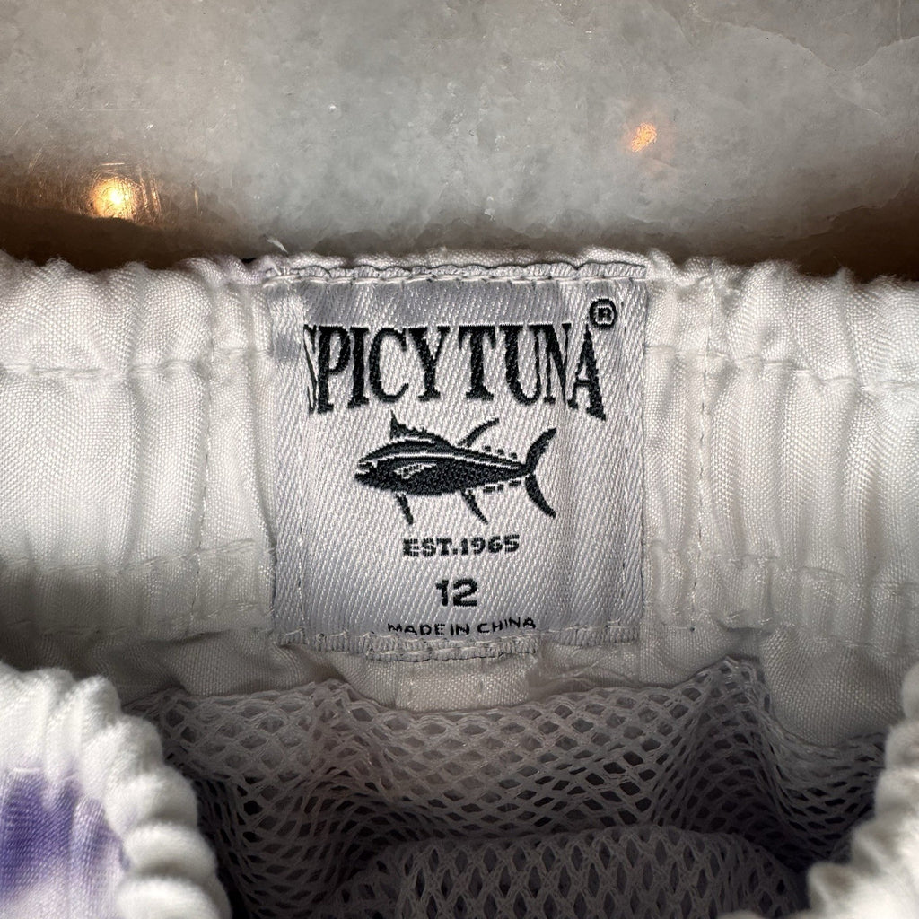 Spicy Tuna Boys Size 12 Swim Trunks Board Shorts Purple White Tie Dye Mesh Lined