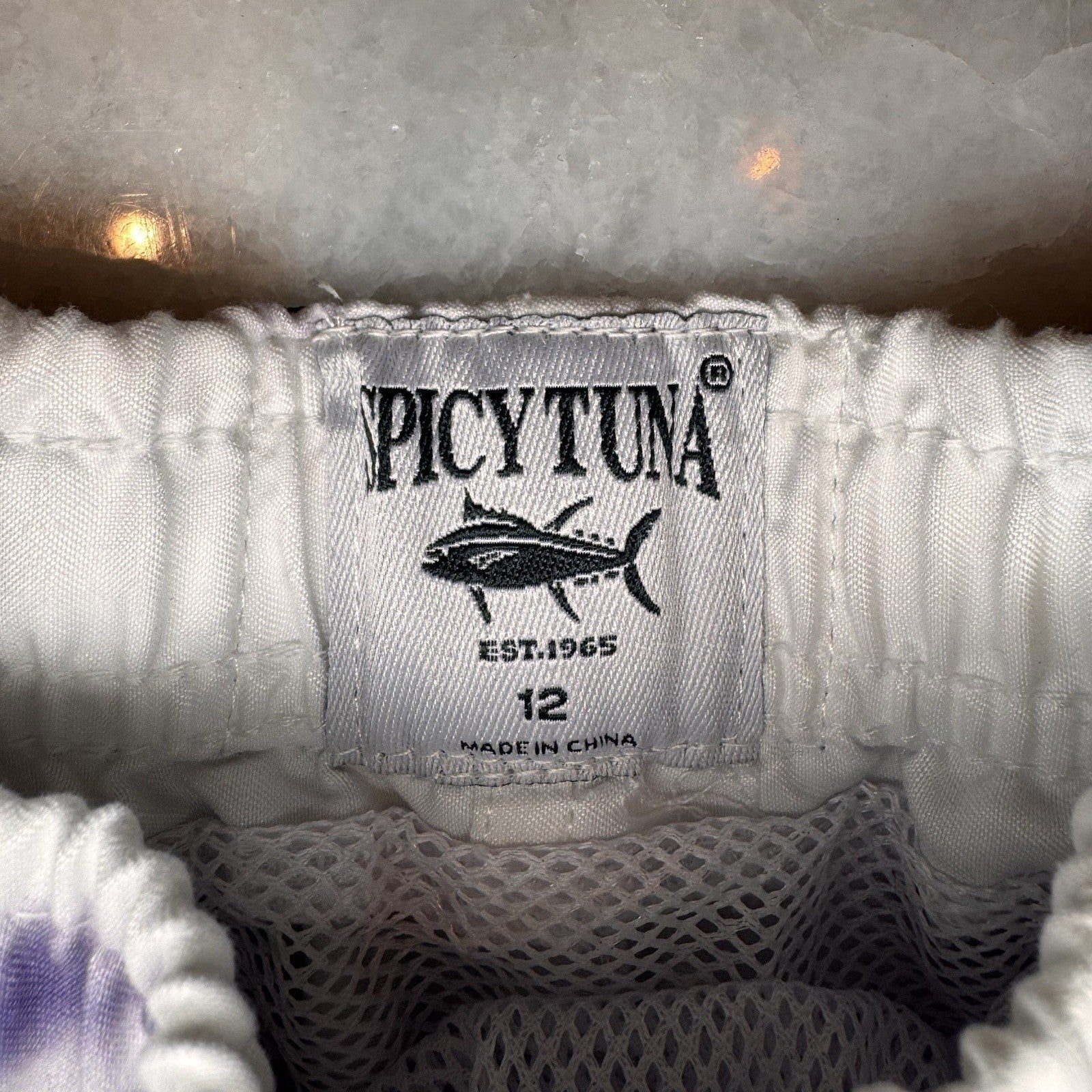 Spicy Tuna Boys Size 12 Swim Trunks Board Shorts Purple White Tie Dye Mesh Lined