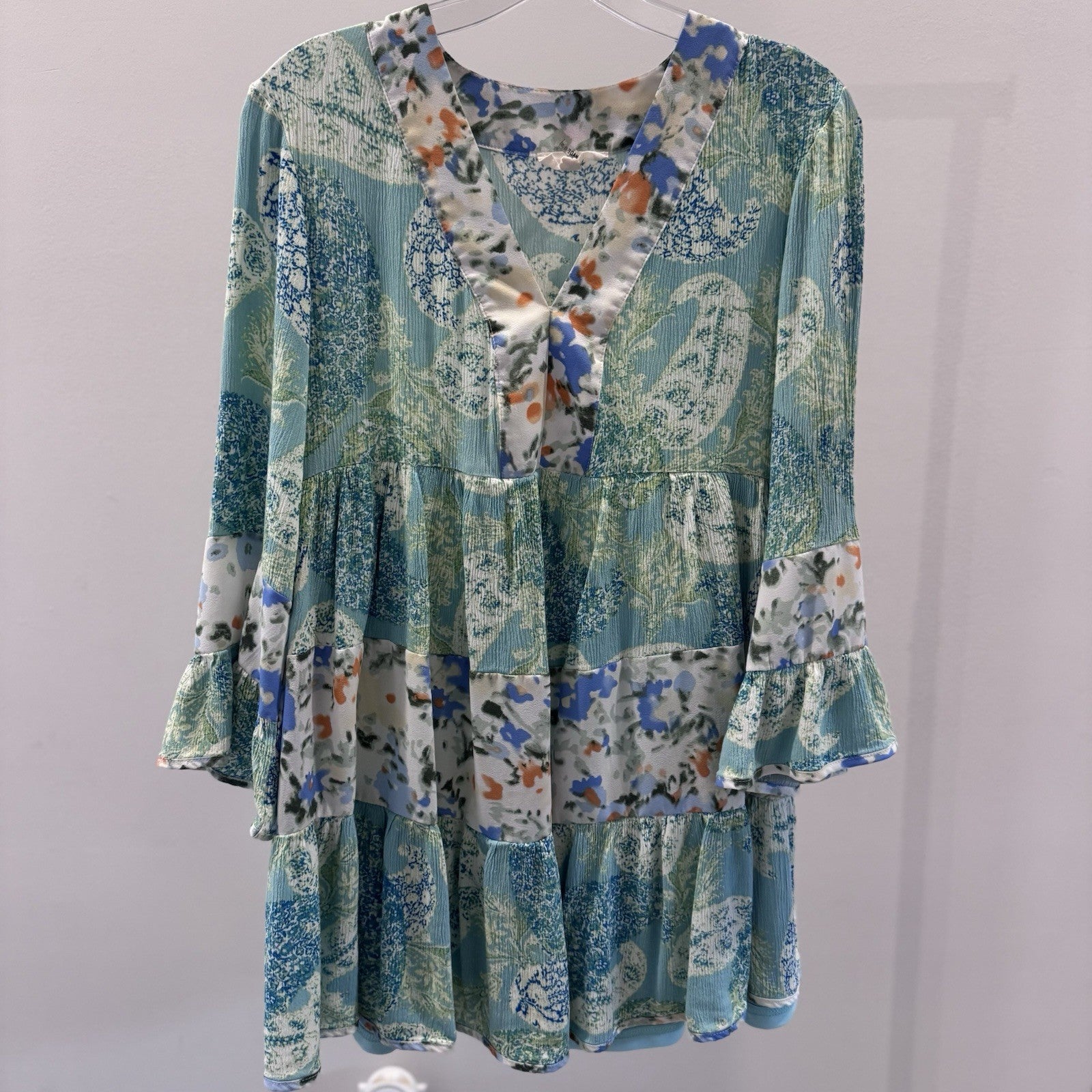Entro Womens Tiered Boho Tunic Top Blue Green Floral Size S