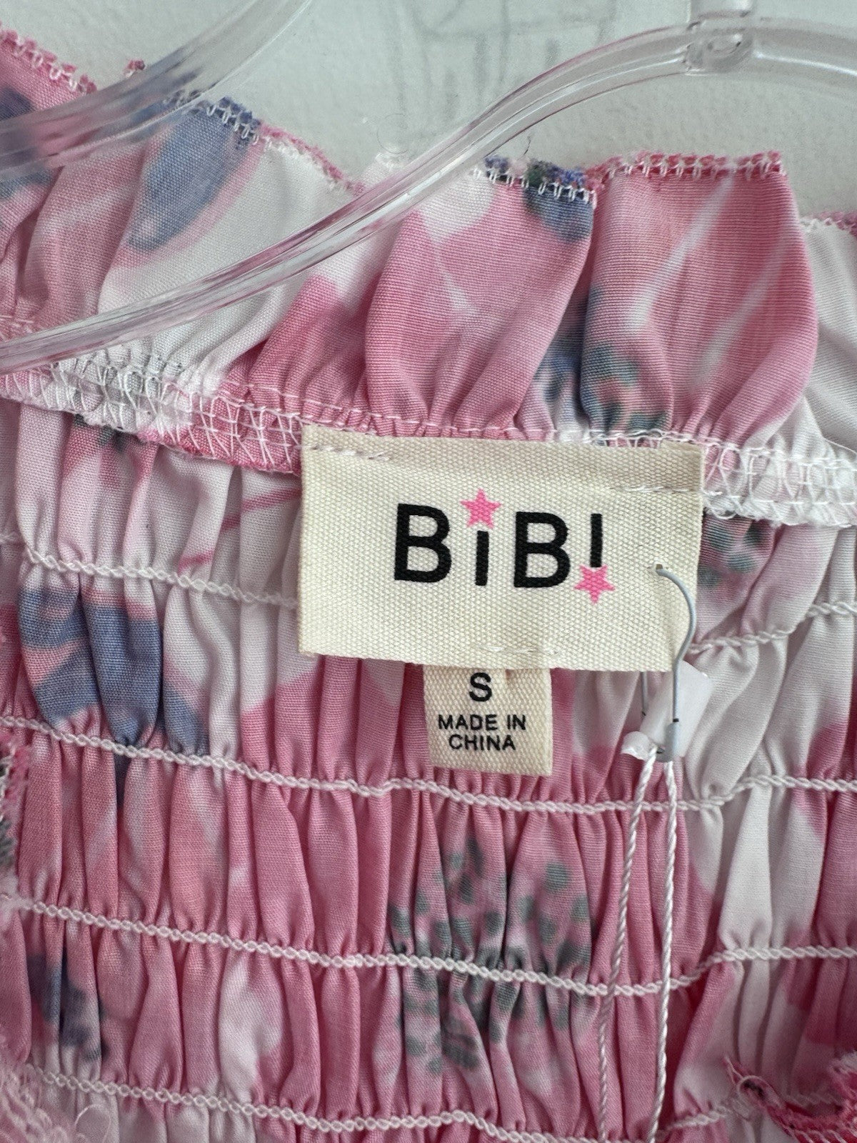 BiBi Pink Floral Blouse Small Smocked Ruffle Sleeve Button Front Top