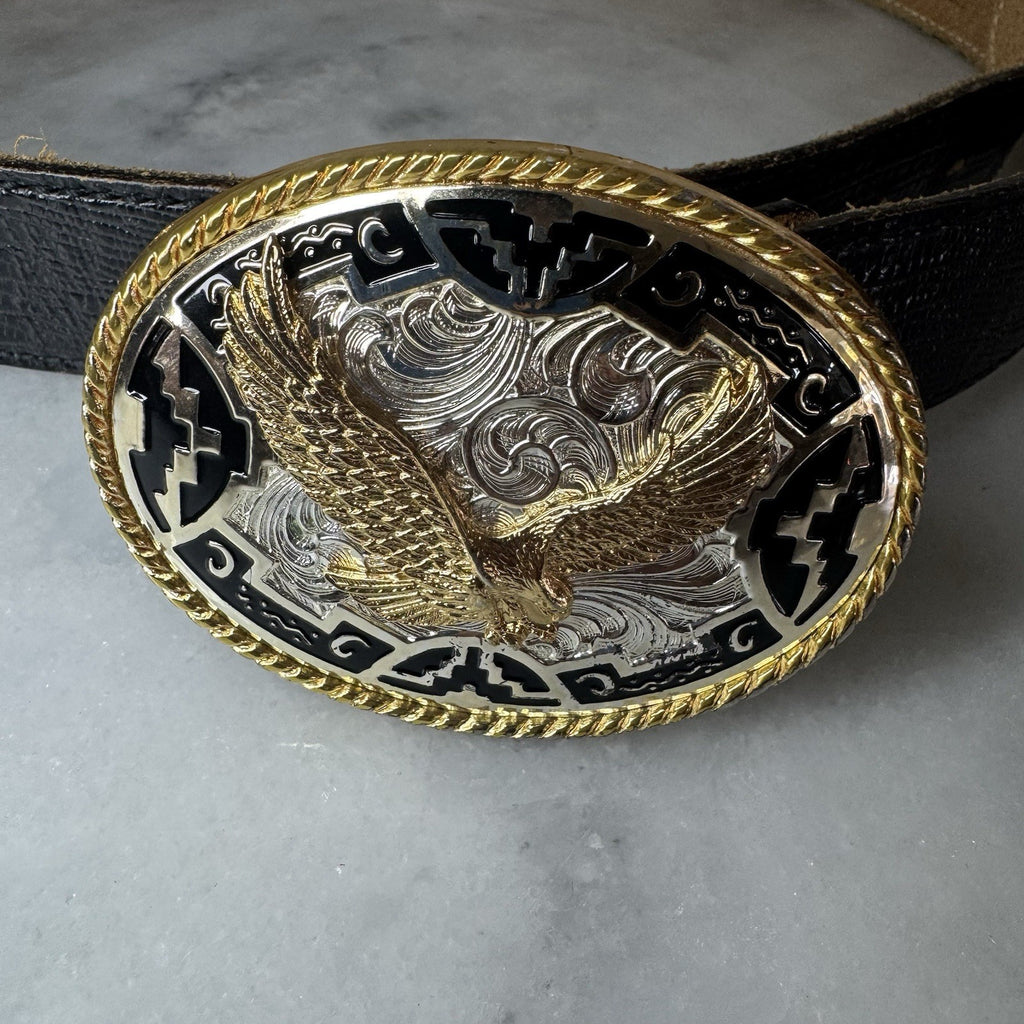 Vintage Eagle Western Belt Buckle Black Leather Belt Size 42 USA