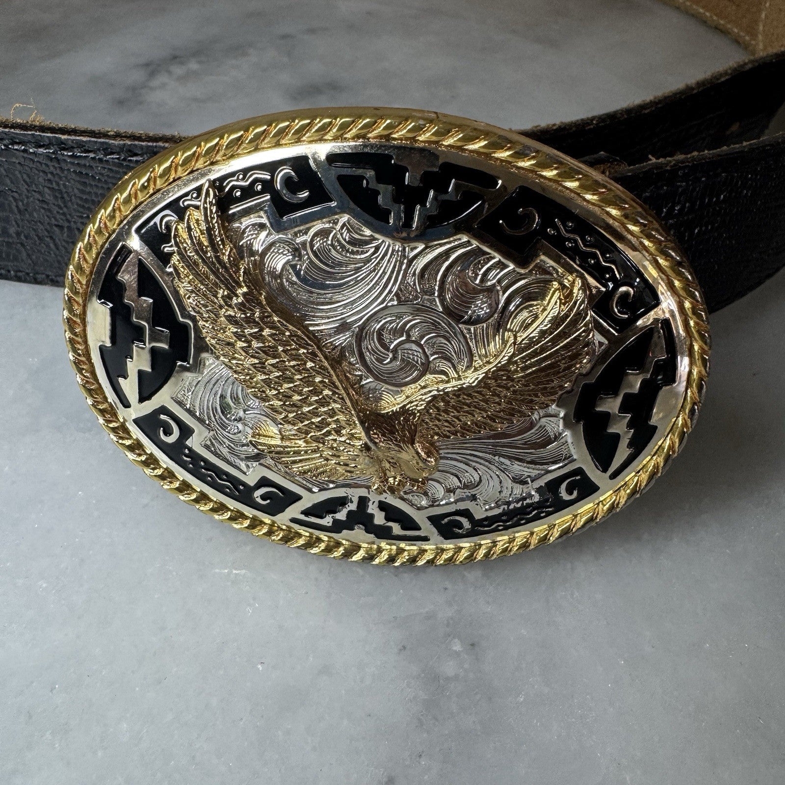 Vintage Eagle Western Belt Buckle Black Leather Belt Size 42 USA