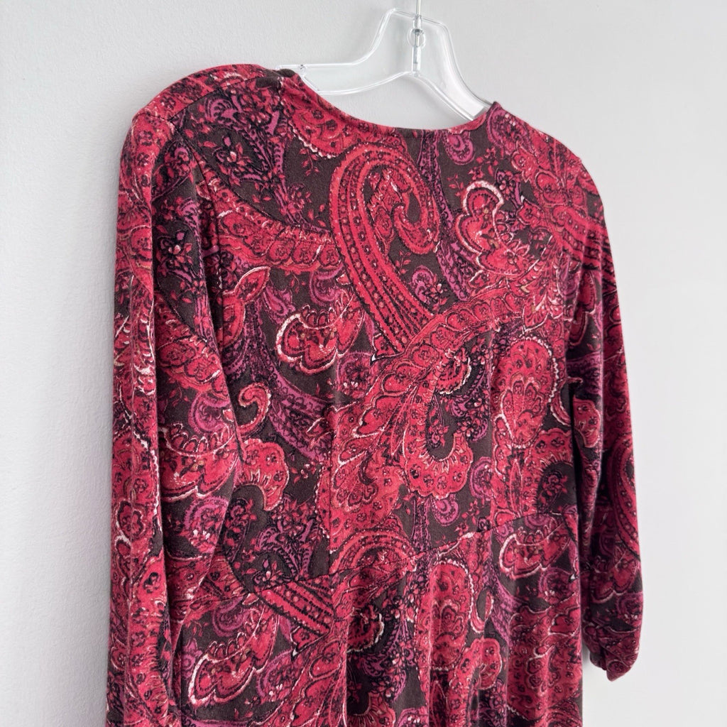 J Jill Sz Small Red Paisley Faux Wrap Vneck 3/4 Sleeve Pima Cotton Dress Stretch
