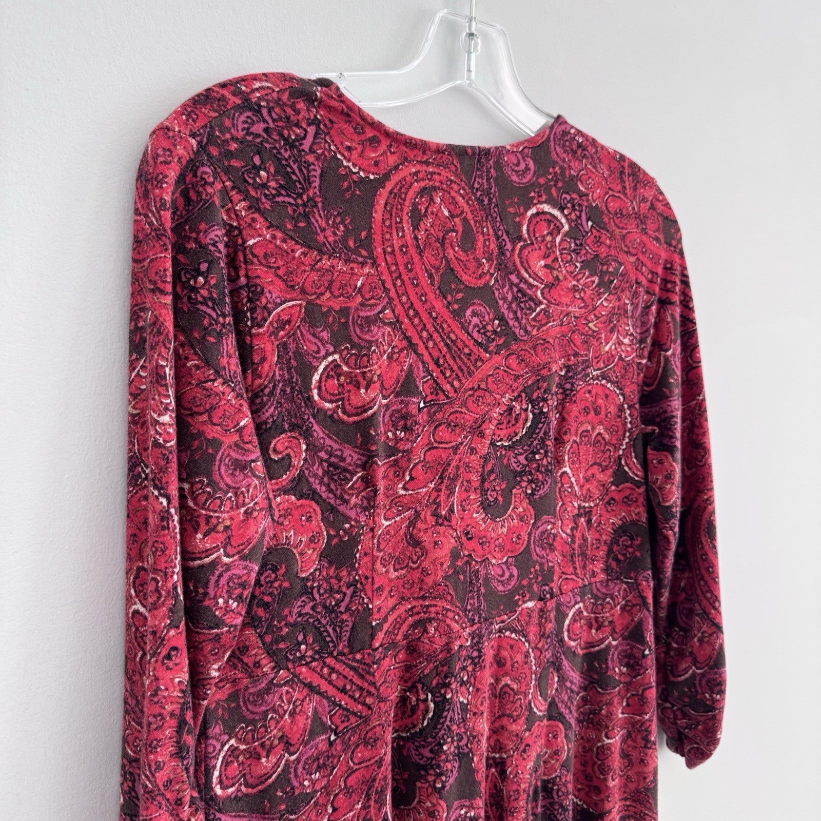 J Jill Sz Small Red Paisley Faux Wrap Vneck 3/4 Sleeve Pima Cotton Dress Stretch