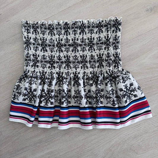 ZARA Smocked Strapless Top Women Small Black White Floral Stripe Hem 