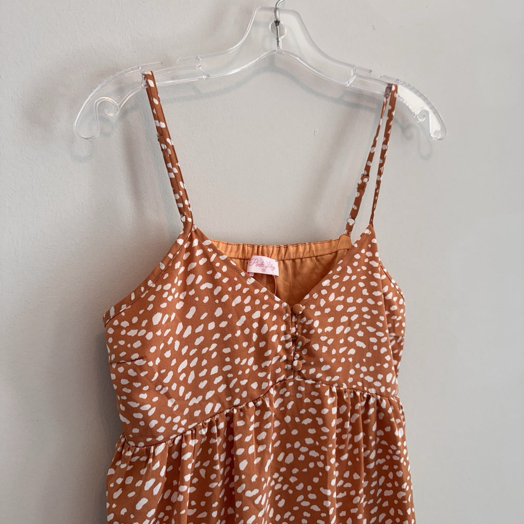 Pink Lily Boutique Babydoll Mini Dress M Orange Dalmatian Tiered NWOT