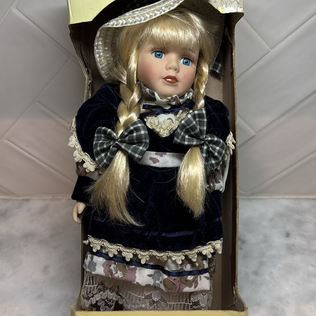 Victorian beauty 12” Porcelain doll Blonde Braids Blue Eyes W/ Box Vintage