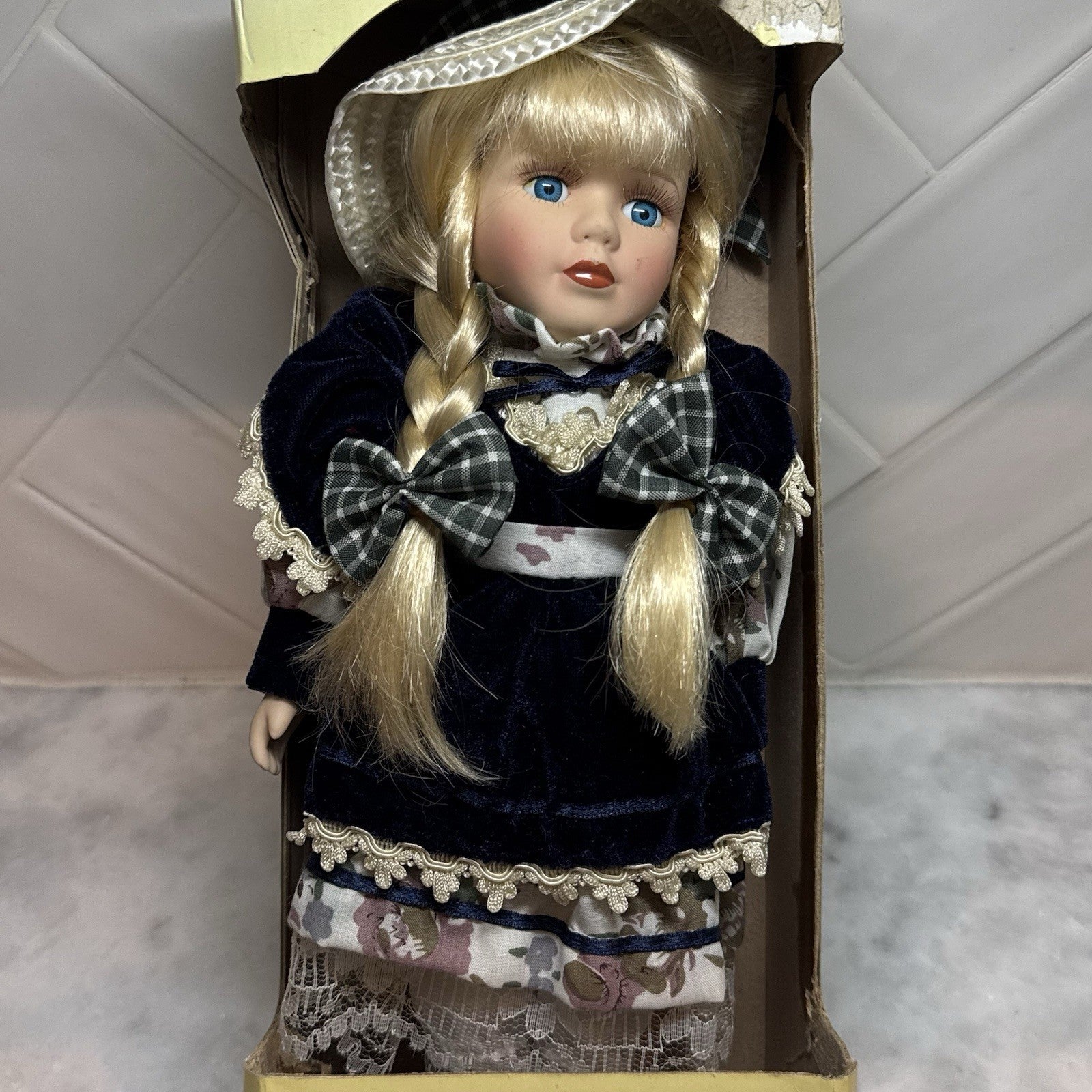 Victorian beauty 12” Porcelain doll Blonde Braids Blue Eyes W/ Box Vintage