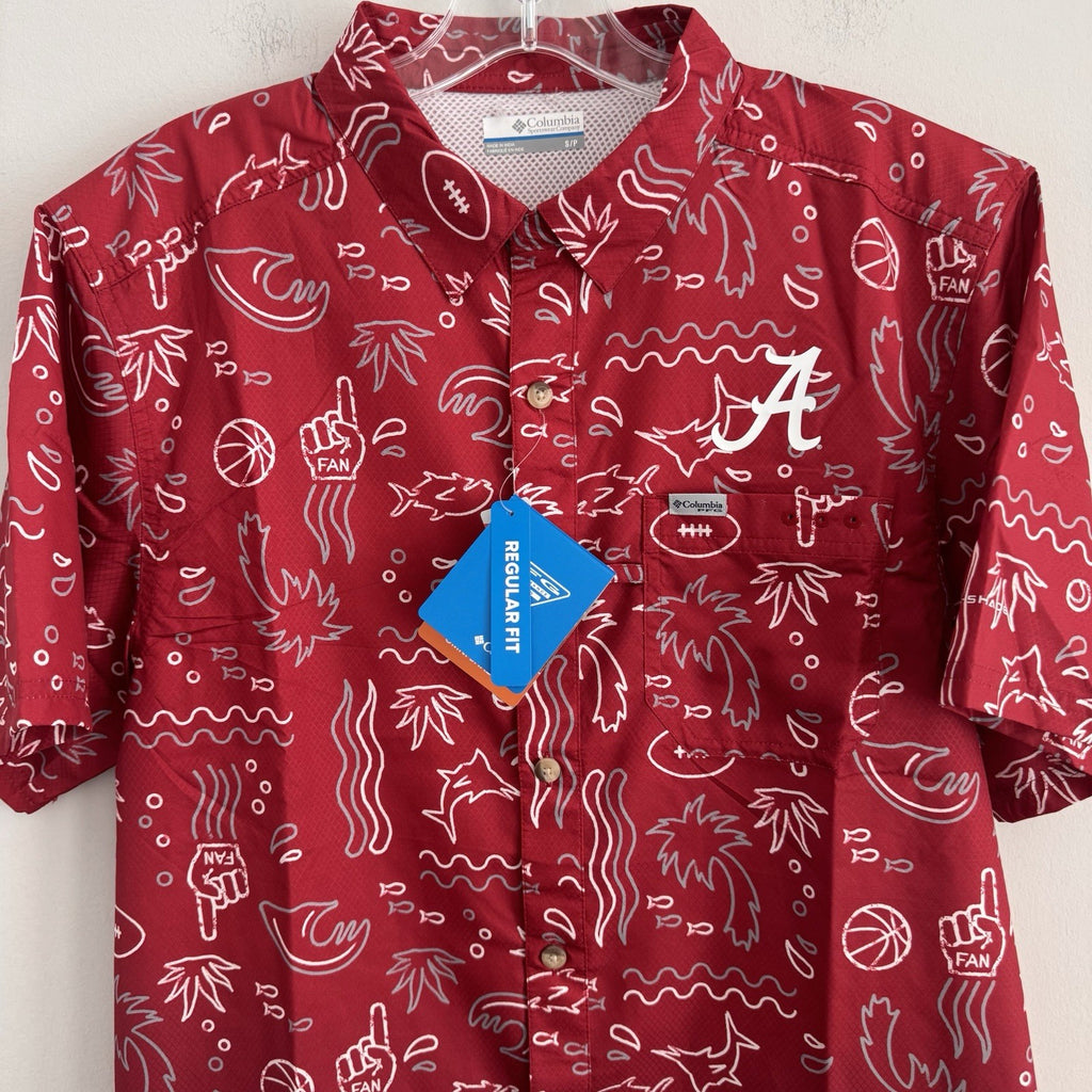 Columbia PFG Alabama Crimson Tide Tamiami Shirt Mens Small Crimson Allover Print