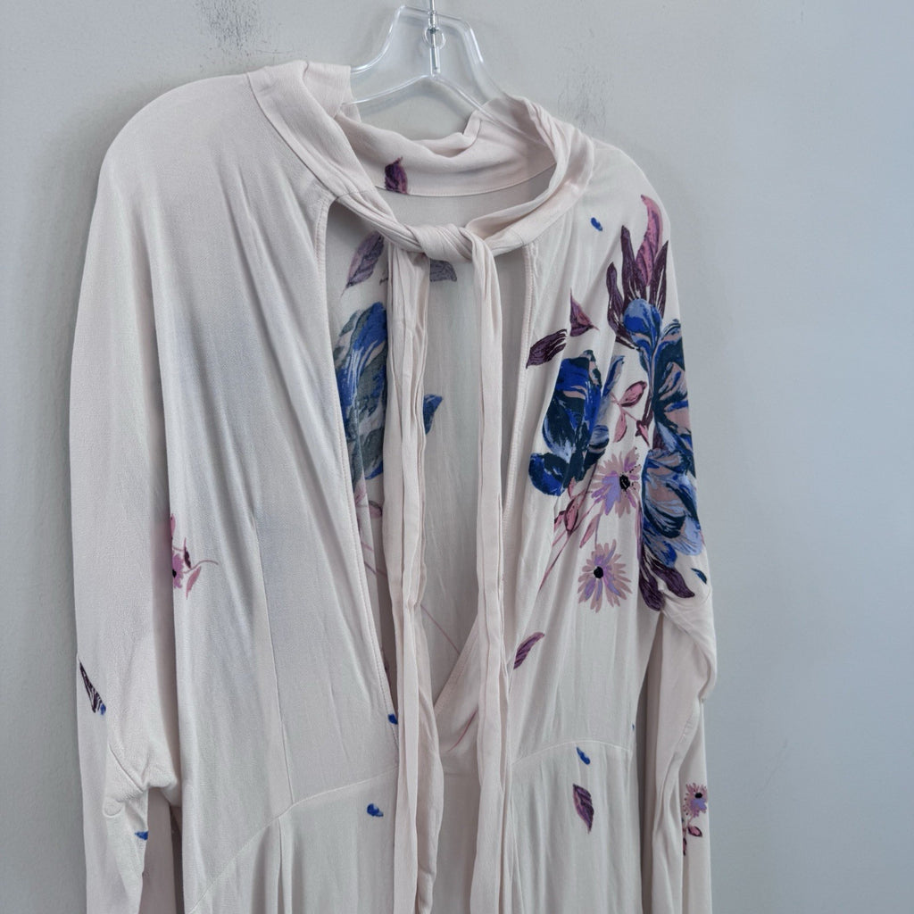Free People Medium Floral Tie Gemma Dress Tunic Top Pink Blue Boho Rayon Womens