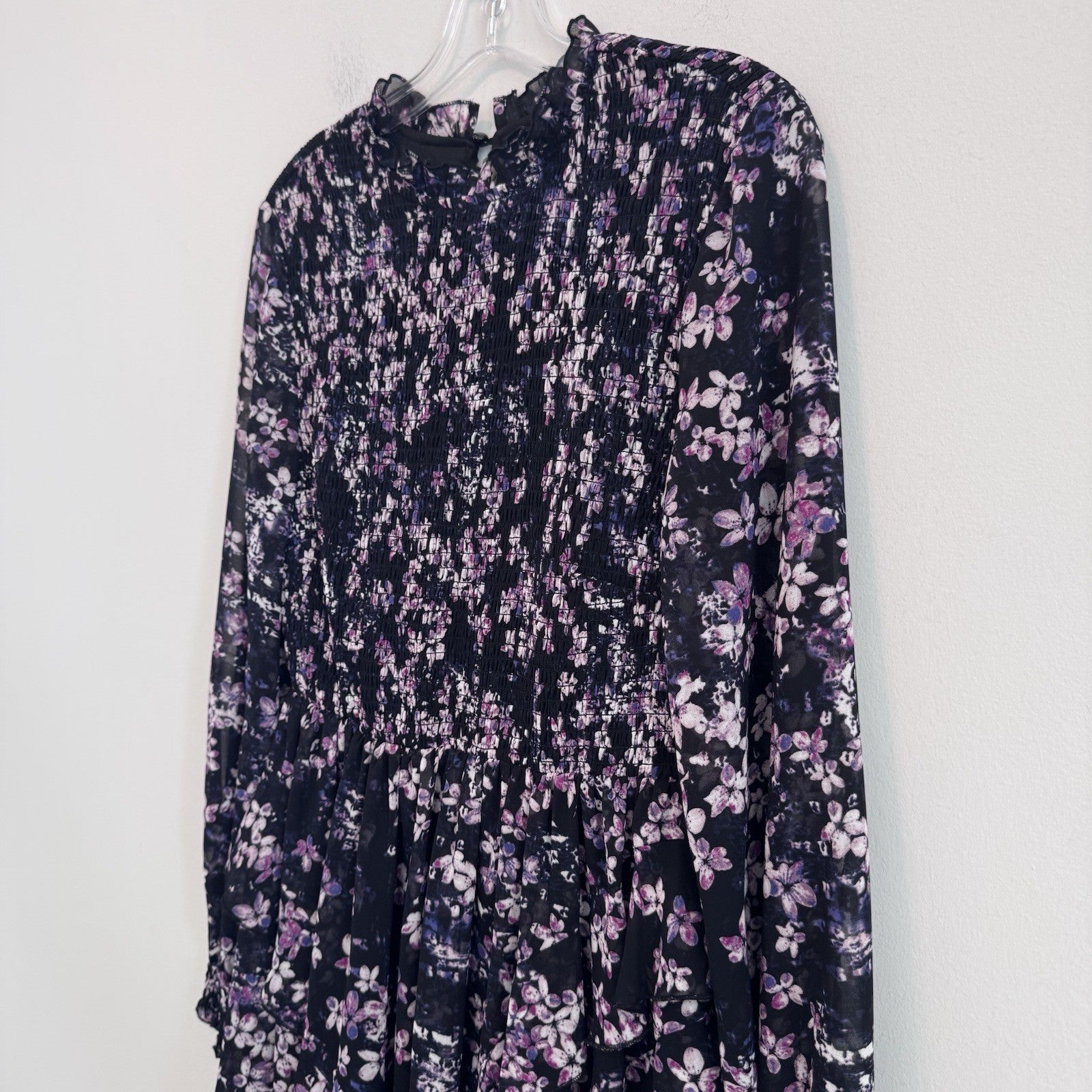 EST. 1946 Women’s Floral Smocked Ruffle Dress Black Purple Size S Lined CATOS