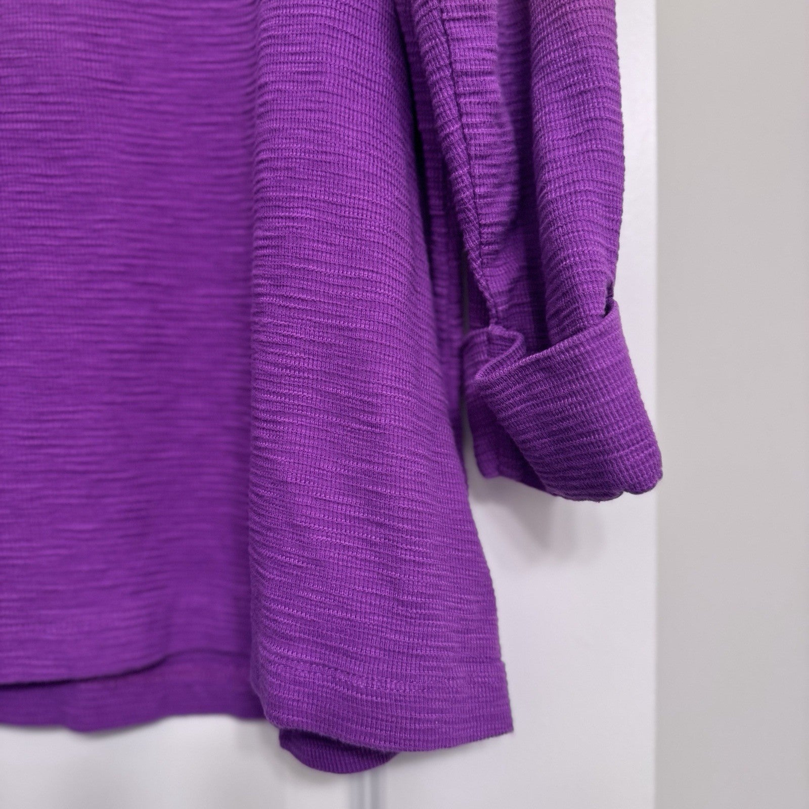 J. Jill Purple Button Front Cotton Knit Top M Petite 3/4 Sleeve Textured