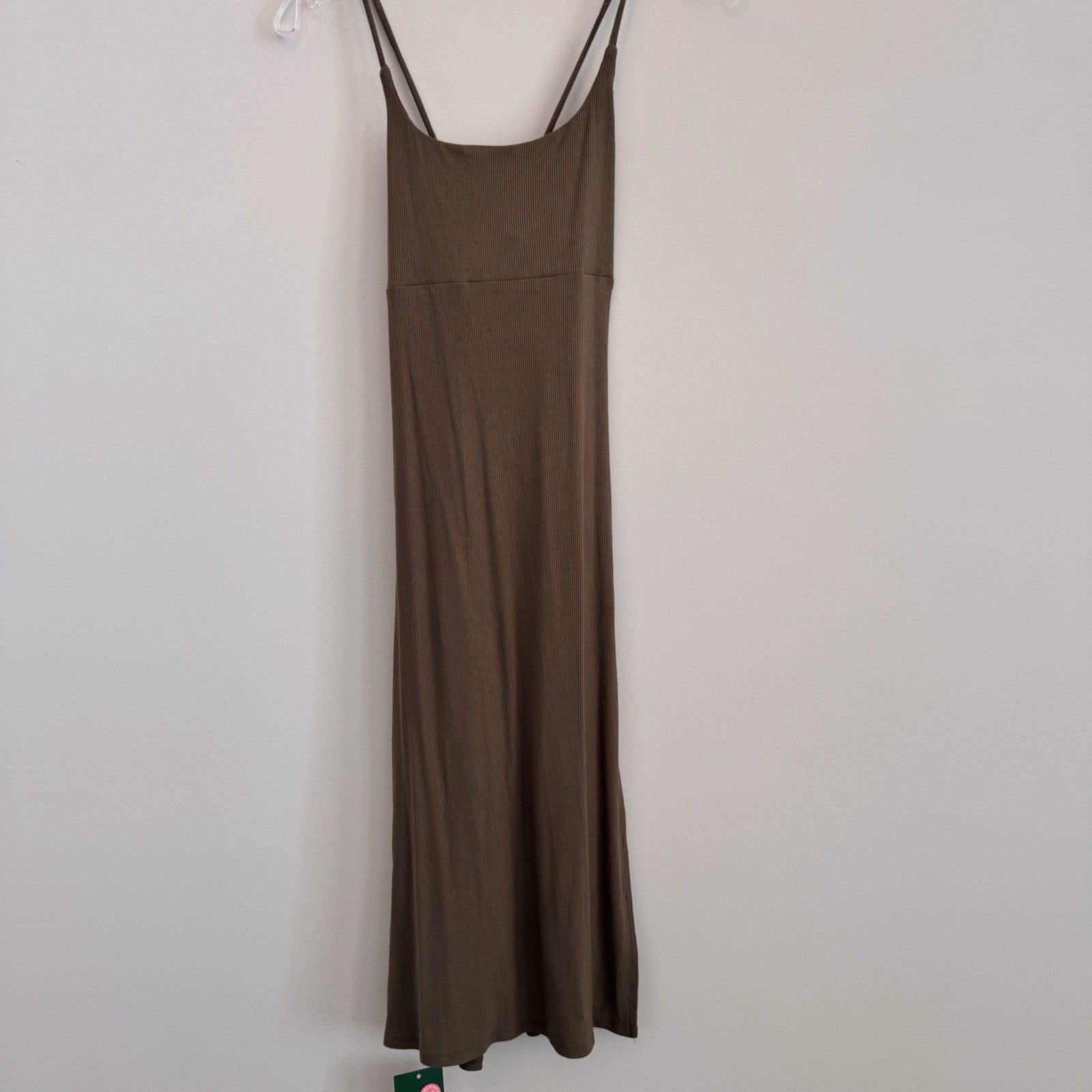 HALARA Ribbed Lace Up Back Split Hem Midi Dress Olive Brown Medium NWT