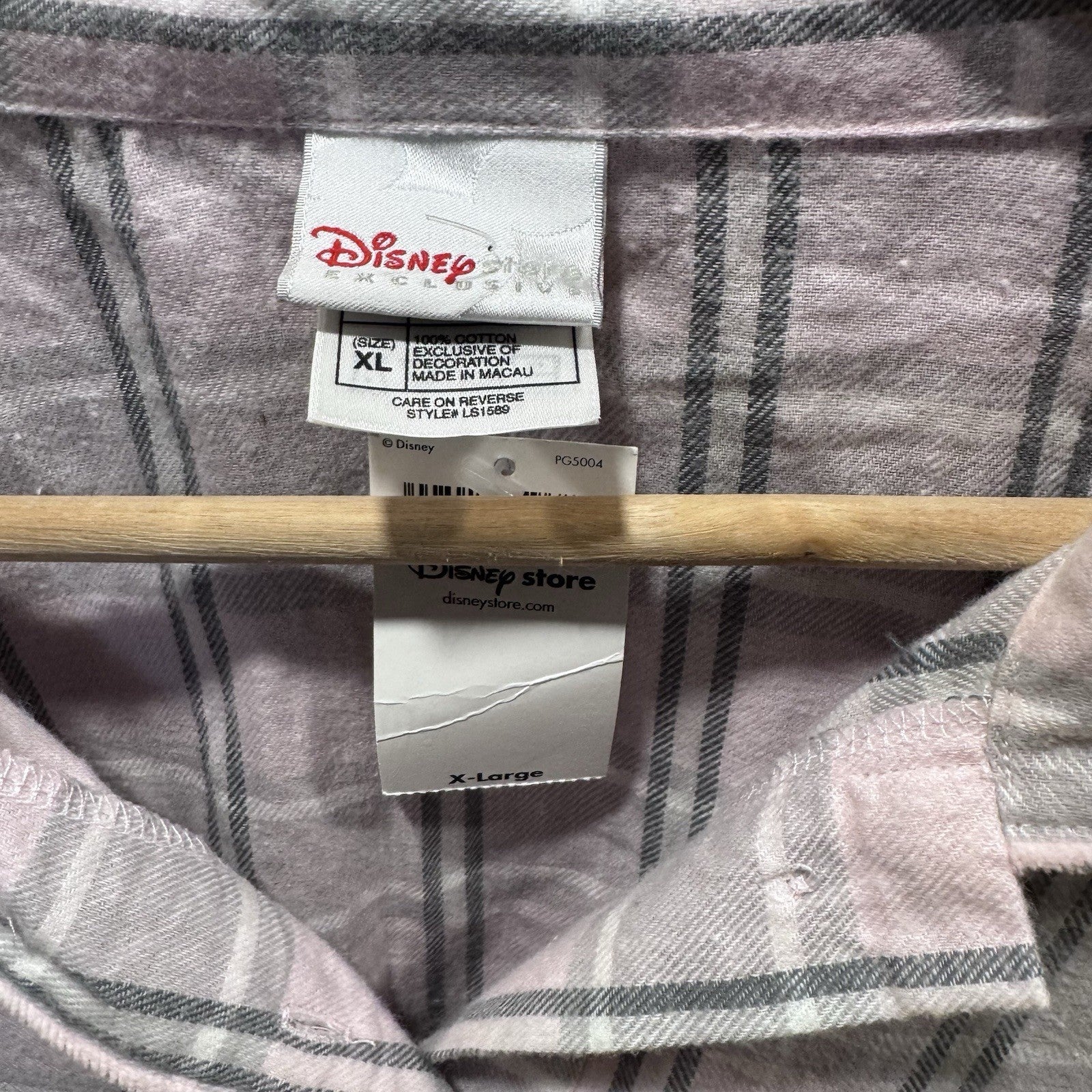 Vintage Disney Store Mickey Mouse Pink Gray Plaid Flannel Nightshirt XL 