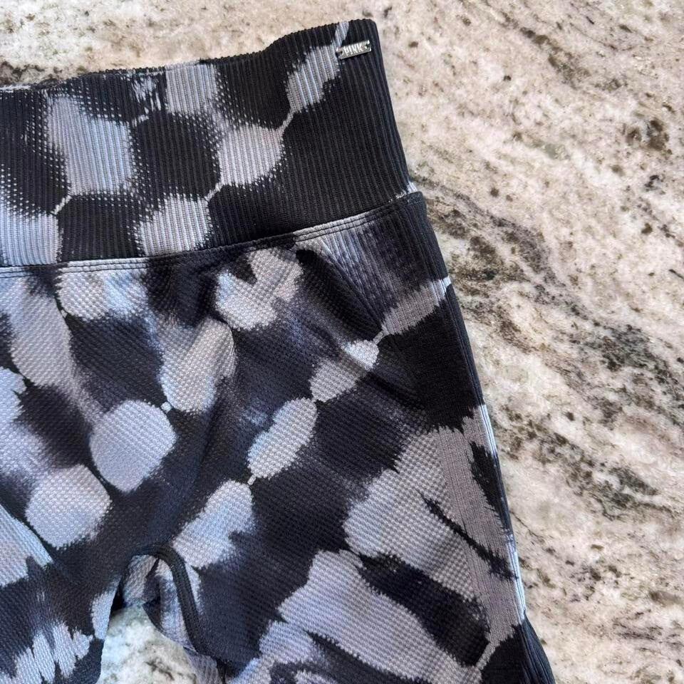 PINK Active High Waist Biker Shorts Size S Black Gray Tie Dye Ribbed Waistband