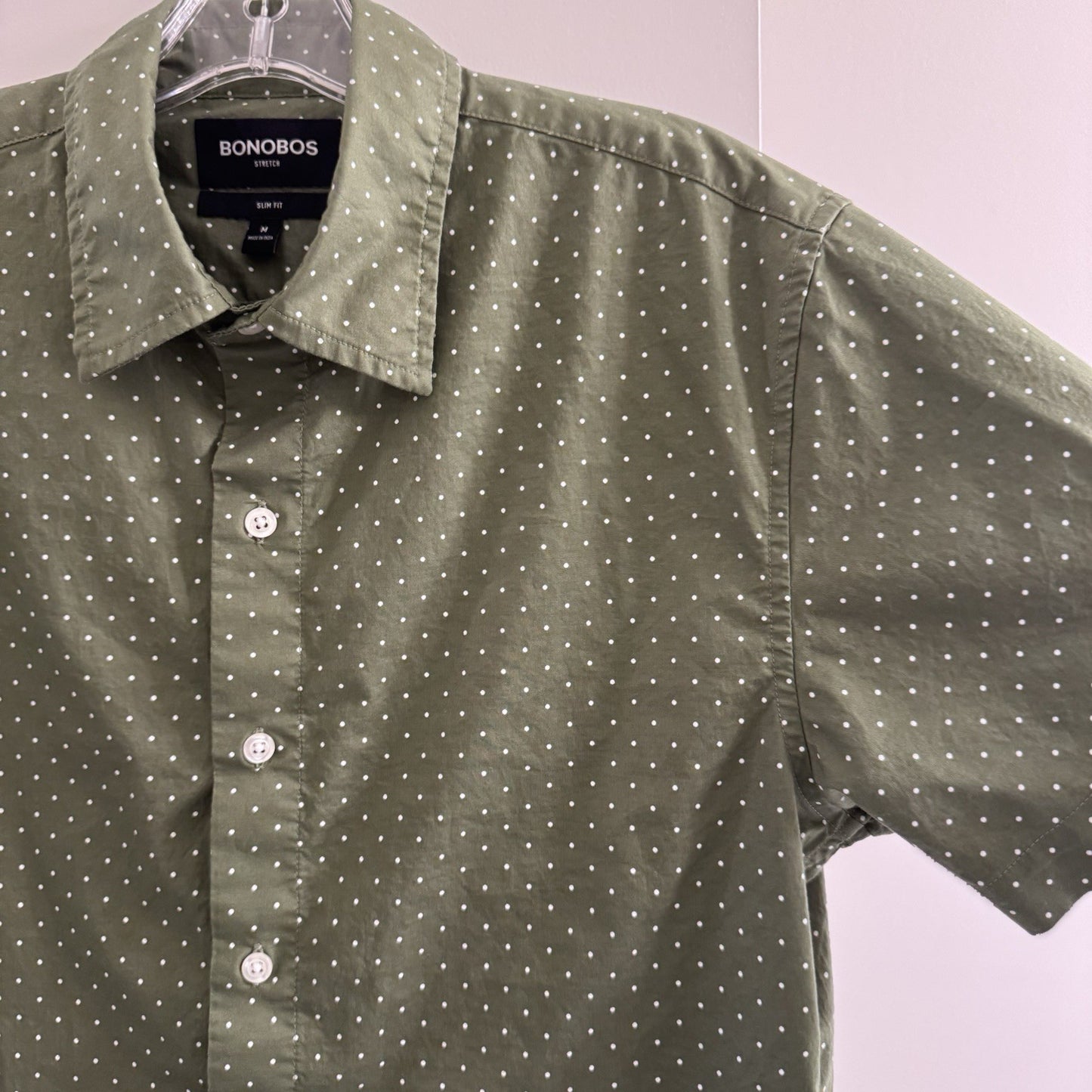 Bonobos Slim Fit Stretch Shirt Medium Green White Dot Print Short Sleeve