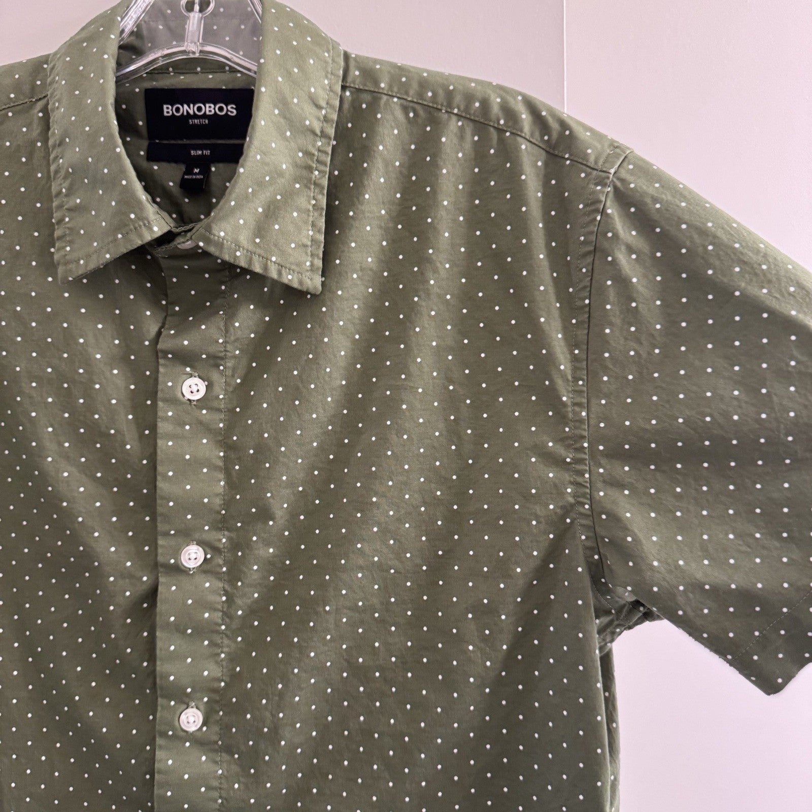 Bonobos Slim Fit Stretch Shirt Medium Green White Dot Print Short Sleeve